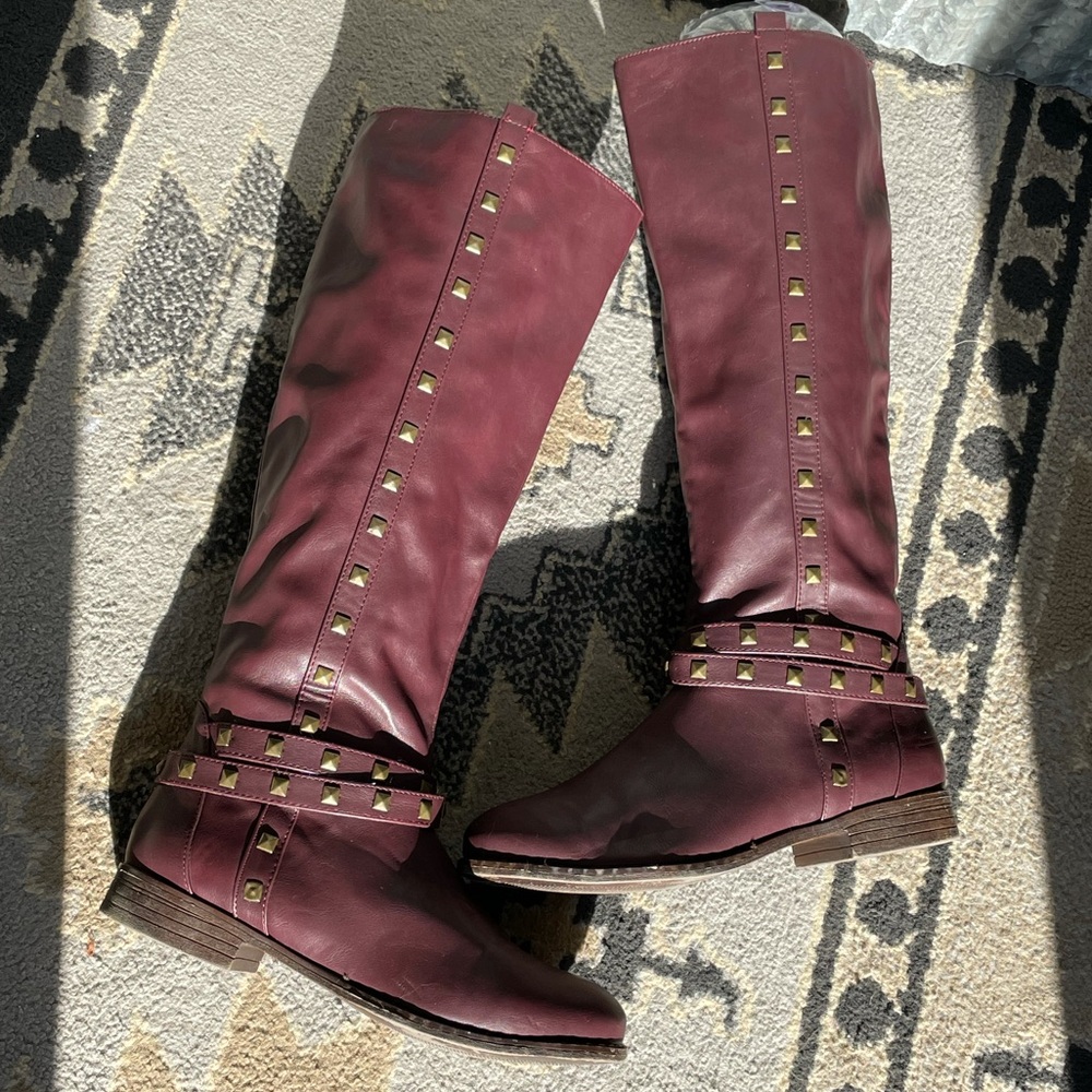 Burgundy Tall Boots with Studs